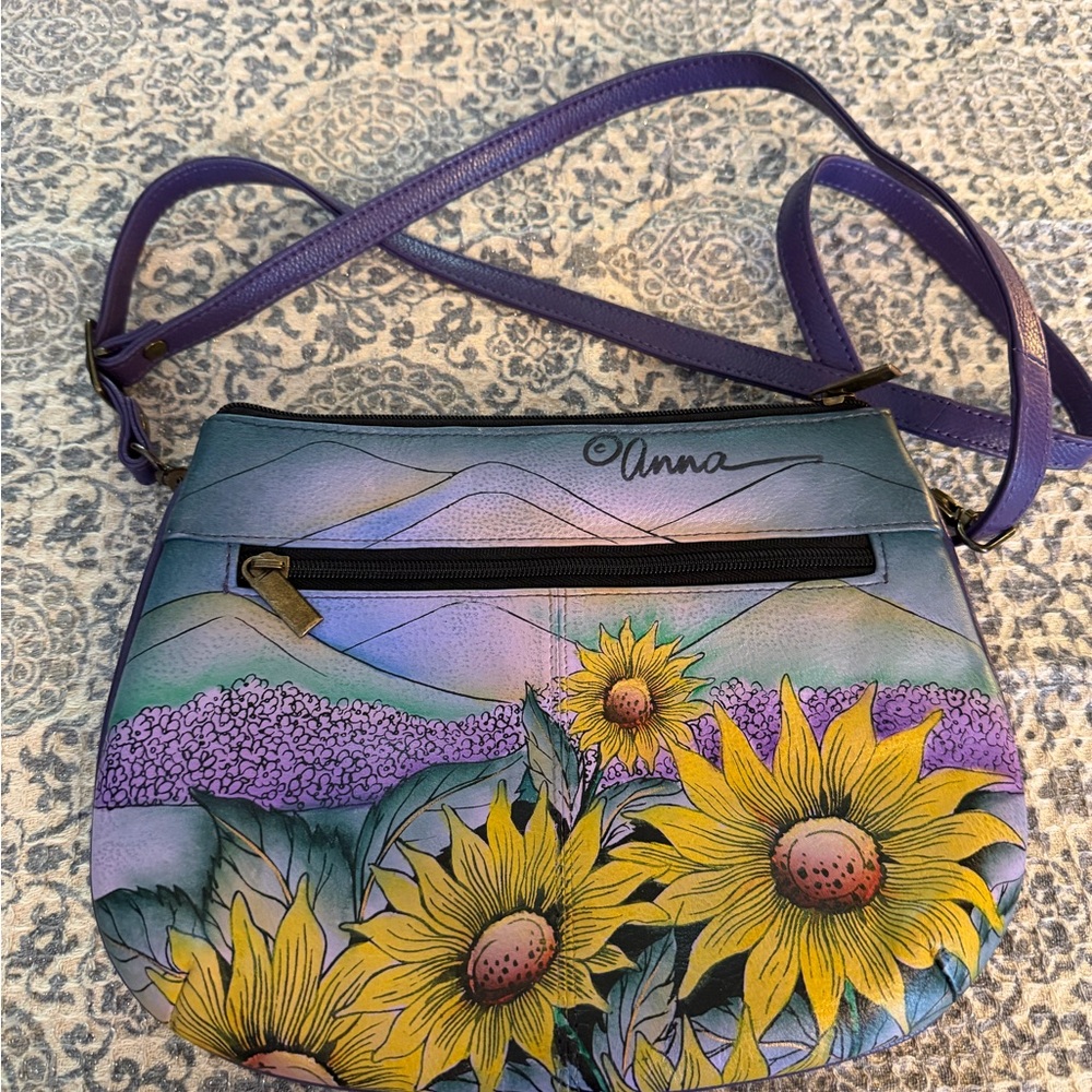 Anuschka Yellow Sunflower Hand-Painted Crossbody with Purple Strap - Picture 2 of 4
